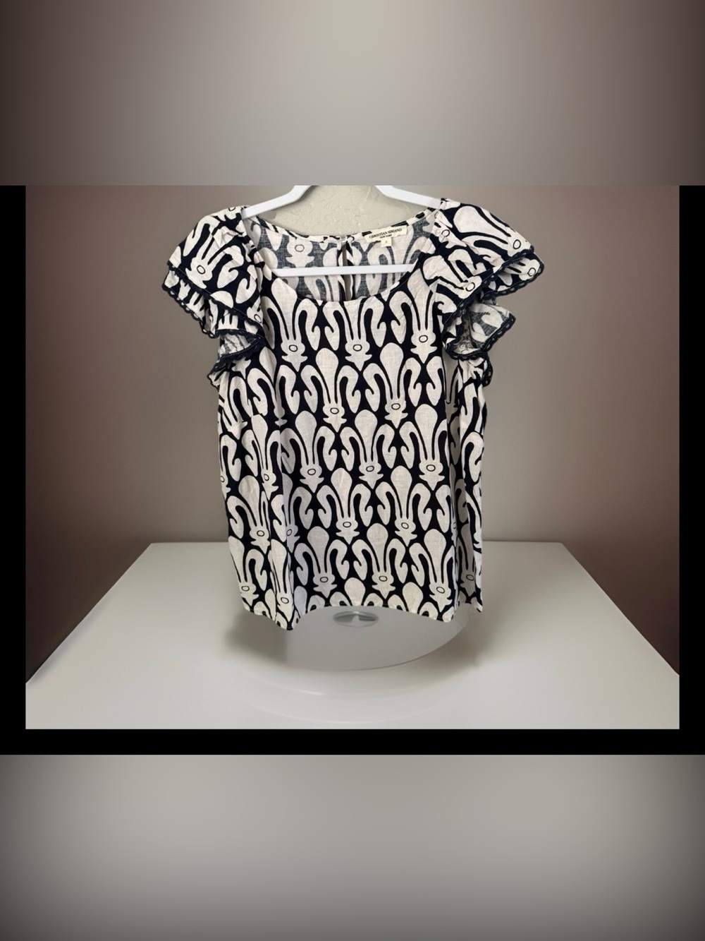 Christian Siriano Linen Blend Dark Navy & White Blouse with Ruffle Sleeve